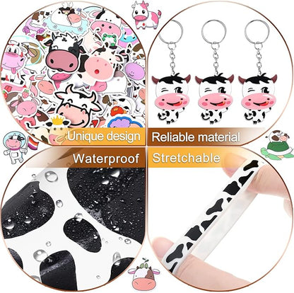 Chunful 148 Pcs Cow Party Favors Supplies Include Cute Cow Keychain Cow Print Gift Bag Elastic Cow Silicone Bracelets Cow Stickers Cow Animal Print Stickers for Kids Girl Shower Birthday(White)