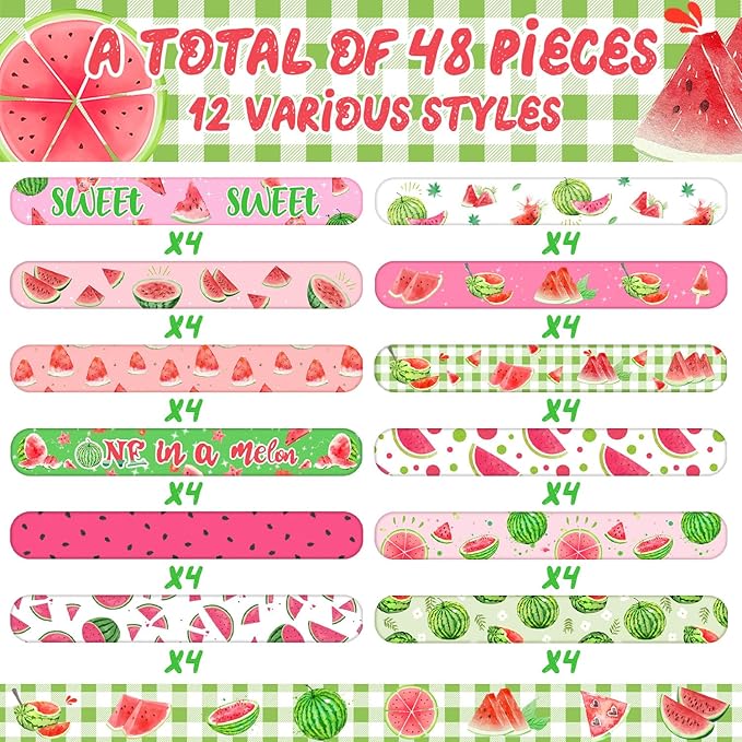 48PCS One In a Melon Watermelon Party Favors Slap Bracelets Watermelon First Summer Birthday Party Supplies Decorations for Baby Shower One In a melon Outfits 1st Birthday Fruit Theme Party Supplies