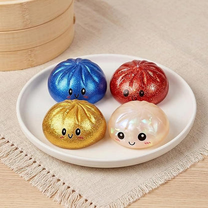 Glitter Dumpling Squishy,Dumpling Squishies,Glitter Dumpling Mystery Box,Colorful Dumpling Stress Balls Fidget,Jumbo Squishy Toy with Steamer Box,Soft Squeeze Decompression Dough (Glitter Red)