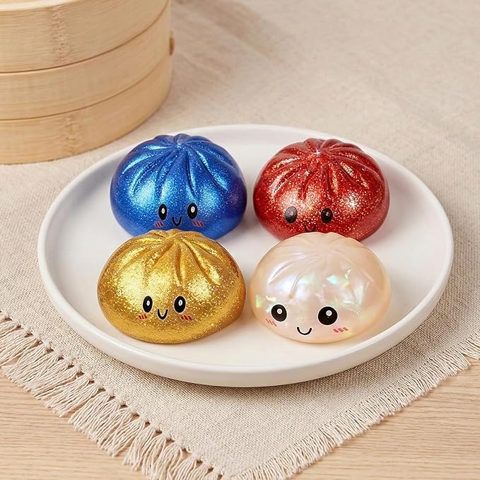 Glitter Dumpling Squishy,Dumpling Squishies,Glitter Dumpling Mystery Box,Colorful Dumpling Stress Balls Fidget,Jumbo Squishy Toy with Steamer Box,Soft Squeeze Decompression Dough (Glitter Blue)