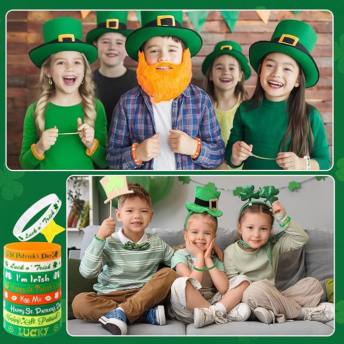 JUNEBRUSHS 24pcs St. Patrick's Day Party Favors Silicone Bracelets Green Clover Shamrock Rubber Wristbands Adults St. Patrick's Day Party Ireland Spring Holiday Decorations Gift (8 Designs)