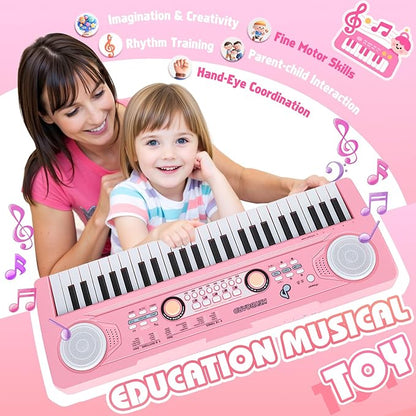 49 Key Pink Piano Keyboard Toy for 3 Year Old Girl Birthday Gift Kids Keyboards Pianos with Microphone Musical Toys for 3 4 5 6 7 Year Old Boys Girls Gifts