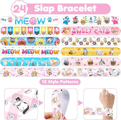 48PCS Cat Party Favors - 24PCS Tattoos & 24PCS Slap Bracelets - Kitty-Themed Birthday Supplies, Cute Decorations, Classroom Prizes, Gifts for Boys & Girls