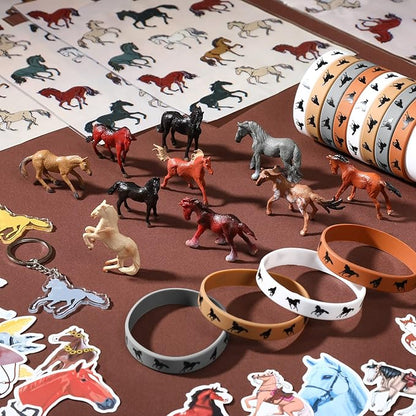 106 Pc Horse Party Favors Set - Supplies Include 20 Bags, 12 Silicone Bracelets, 12 Keychains, 12 Mini Toys & 50 Stickers for Horse Party