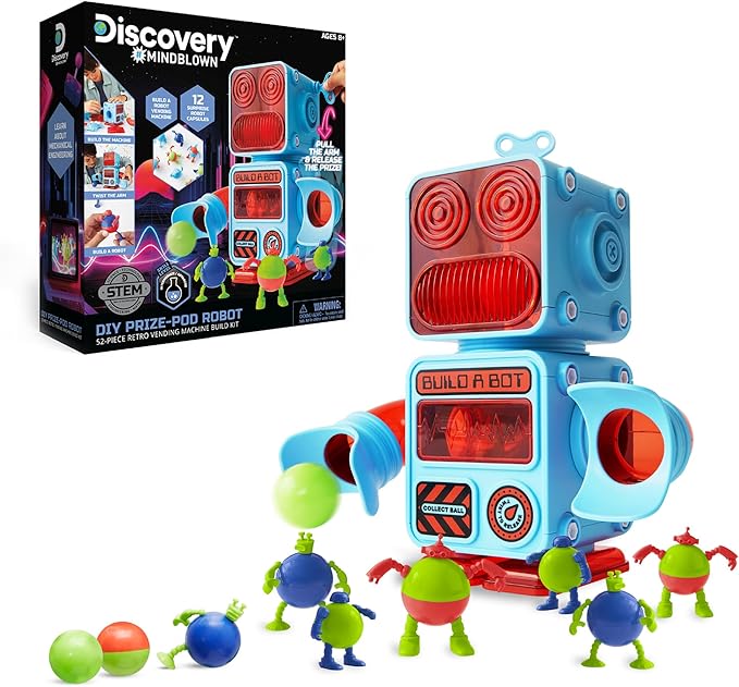 Discovery™ #MINDBLOWN DIY Prize-Pod Robot Kit, 52-Piece Vending Machine Building Set, 12 Transforming Capsules, Educational Science Experiment, Engineering STEM Project, Robotics Toy Gift Kids Age 8+