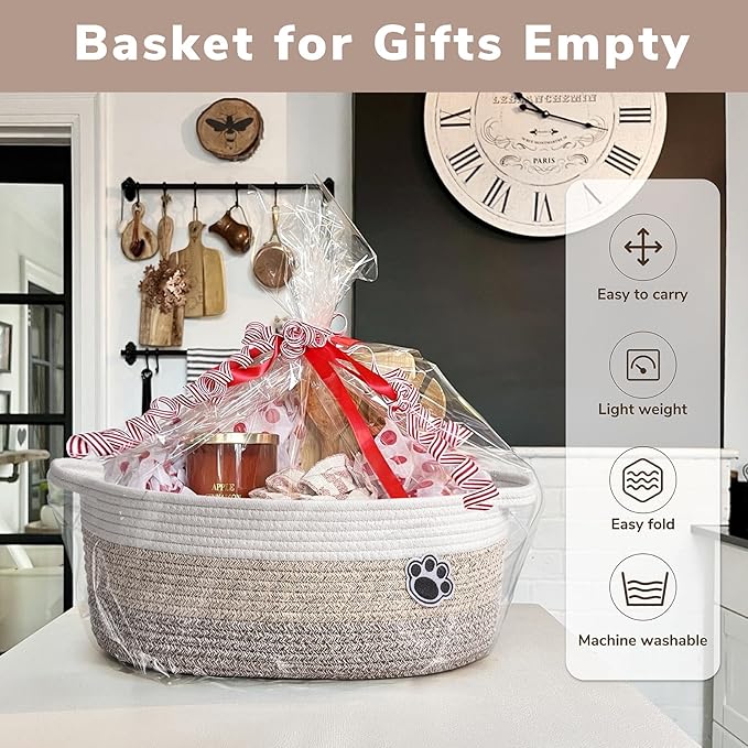 Dog Basket Gift Basket Empty, 13.6"x 10" x 6" Woven Storage Baskets for Organizing, Cotton Rope Baskets for Shelf, Dog Storage Bins with Handles, Mixed-Brown