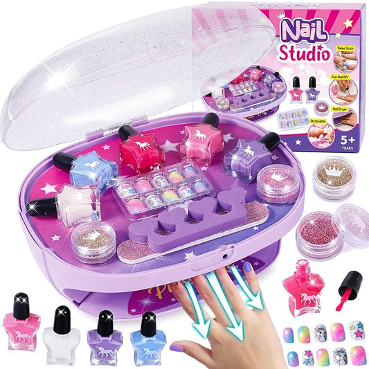 Golray Kids Nail Polish Set for Girls, All-in-One Nail Art Kit - Nail Dryer/ Nail Polish/ Glitter Powder/ False Nails/ Nail Decals/ Toe Separator/File, Age 3-12 Little Girl Gift Toys