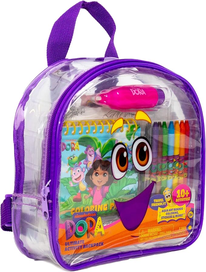 Horizon Group USA Dora Ultimate Activity Backpack, 10+ Creative Projects in a Reusable Bag, Less-Mess Toddler Toys, Road Trip Essentials for Kids, Great Airplane Toy, Dora Purple