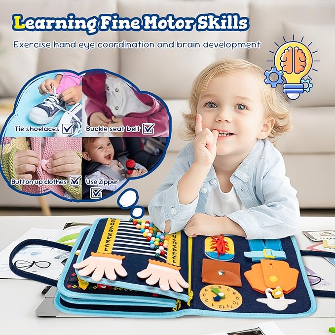 Toddler Busy Board Book Montessori Toys,Sensory Book Educational Activities for Learning Fine Motor Skills, Quiet Travel Essentials for Airplane & Car, Birthday Gift for Boys Girls Toddlers