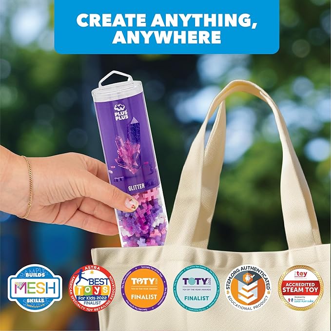 PLUS PLUS 240 Piece Interlocking Building Blocks for Kids, Open Ended Connecting Toys, STEM Bin Classroom Mini Manipulatives - Glitter Mix Play Tube