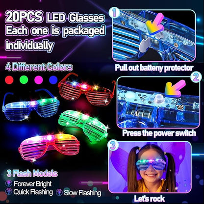 298PCS Glow in the Dark Party Supplies, 12PCS Glow Fiber Optic Wands, 20PCS LED Glasses, 8PCS Foam Glow Sticks and 200PCS Glow Sticks Bracelets, Light Up Party Favors for Wedding, Concert, Birthday