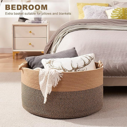 OIASKET Large Blanket Storage Basket for Living Room, 22.8" x 22.8" x 13" Woven Cotton Rope Basket with Handles, Baby Toy Storage, Laundry Hamper for Clothes, Pillows, Towels-Brown and Black