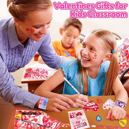 Valentine's Day Gifts for Kids, 240Pcs Classroom Exchange Stationery Set with Card,Pencil, Sharpener, Eraser, Notebook,Slap Bracelet, Stamp,Tattoo Sticker, Goodie Bag Stuffers for School Party Favors