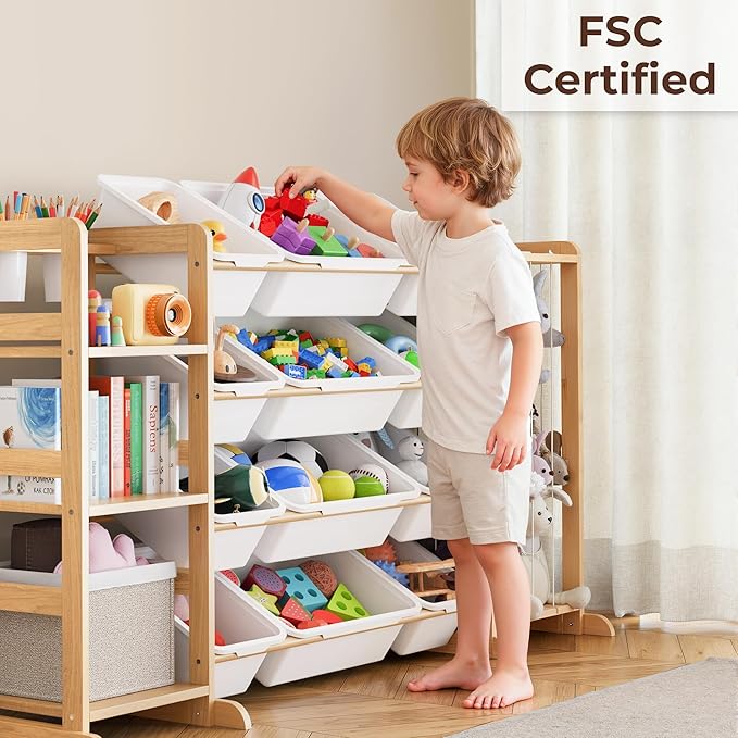 Toy Storage Organizer with Bookshelf and Stuffed Animal Storage - Kids Playroom Organization with Shelves and 12 Toy Bins - Toddler Living Room Toy Box for Lego - Nursery Bedroom Decor Essentials