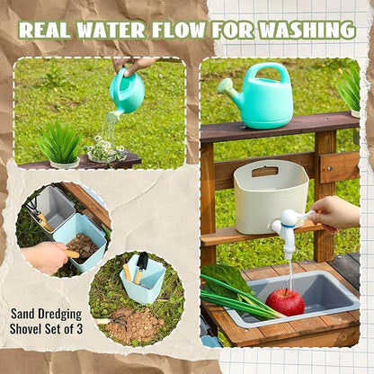 Outdoor Kitchen for Kids,Mud Kitchen Wooden Toy Playset with Wheels, Kettle, Sink, Wooden Plant Container and Kitchen Accessories, for Children Ages 3+ Years