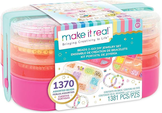 Make It Real: Beads 2-Go! DIY Jewelry Set - 1381pc, Bento Style Travel Case, 1370 Beads, Design & Create Personalized Jewelry, Girls & Kids Ages 8+