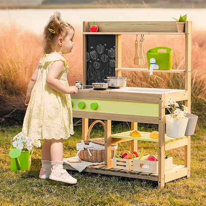 Giant bean Mud Kitchen Playset for Kids, Deluxe Wooden Toy Play Kitchen Set for Boys and Girls Ages 3-8 Indoor & Outdoor Activities, with Sand and Water Sink, Cookware Pots