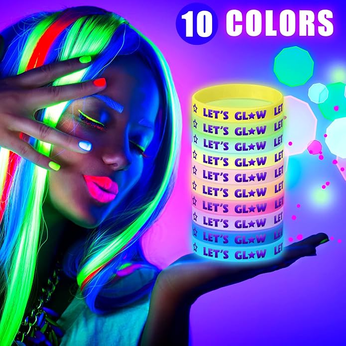 Karenhi 100 Pcs Let's Glow Silicone Bracelet Crazy Bracelet Glow in the Dark Bracelets Light up Wristbands for Neon Party Concerts Sports Parties Night Favors, 10 Styles
