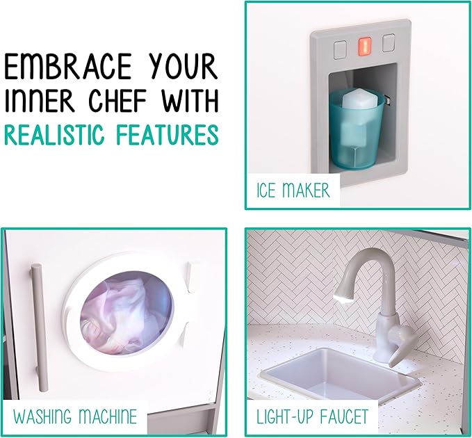 Lil' Jumbl Kids Corner Kitchen Set, Pretend Wooden Deluxe Play Kitchen, Battery Operated Icemaker, Stovetop & Faucet with Realistic Sound - Grey