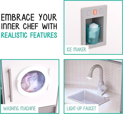 Lil' Jumbl Kids Corner Kitchen Set, Pretend Wooden Deluxe Play Kitchen, Battery Operated Icemaker, Stovetop & Faucet with Realistic Sound - Grey