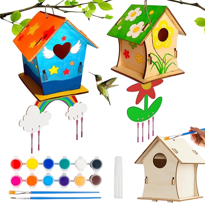 BELLOCHIDDO Bird House Kits for Kids Ages 4-8 - DIY Birdhouse Kit for Kids to Build and Paint,Wooden Arts and Crafts for Kids Girls Boys Toddlers Ages 8-12 4-6 6-8,Art&Craft for Kids Ages 8-12(2 Pack)
