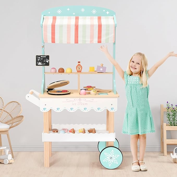 PairPear Wooden Ice Cream Cart for Kids Pretend Play Grocery Store, Ice Cream Truck with Wheels, 2 in 1 Wooden Toy Food Cart Toddler Play Kitchen Gift for Boys Girls 3+