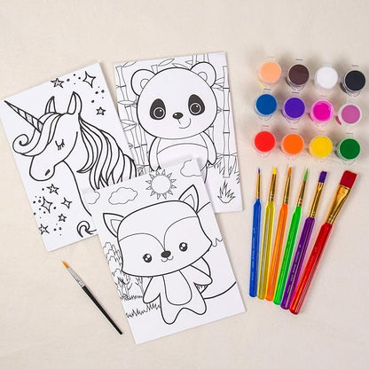 Horizon Group USA Pre-Printed Canvas & Paint Art Set. Ready to Paint 5" x 7" Canvas Panels, 12 Tempera Paints, 6 Easy-Grip Assorted Paintbrushes Included. Panda, Fox & Glitter Unicorn