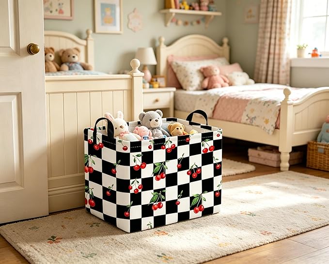 Rectangular Cherry baskets,Racing flag basket,Kids Storage Bins,Waterproof Collapsible Storage Bin,Toy Storage Bin,Cute Organizer Box,Book baskets,Girl room Decor(Cherry)