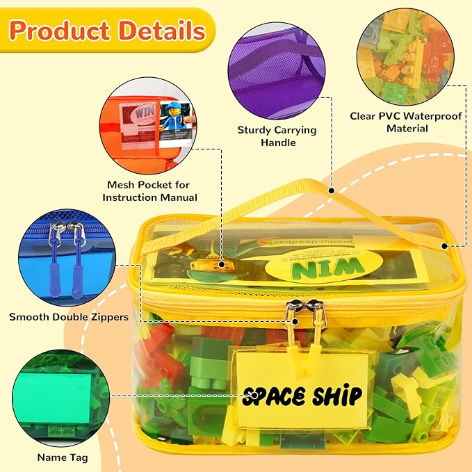 Tesuko 6 Pack Clear Toy Storage Bag with Name Tag& Manual Pocket, Waterproof Transparent PVC Toy Organizer Case for Lego Bricks, Board Games, Building Blocks, Puzzles (Large Capacity, Full Colourful)