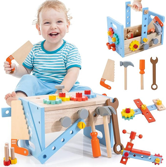 Bravmate Wooden Tool Set for Kids 2-5 Years Old - 38pcs Take-Along Toddler Tool Kit with Tool Box, STEM Montessori Toys Christmas Birthday Gift for 2 3 4 5 Year Old Boys Girls