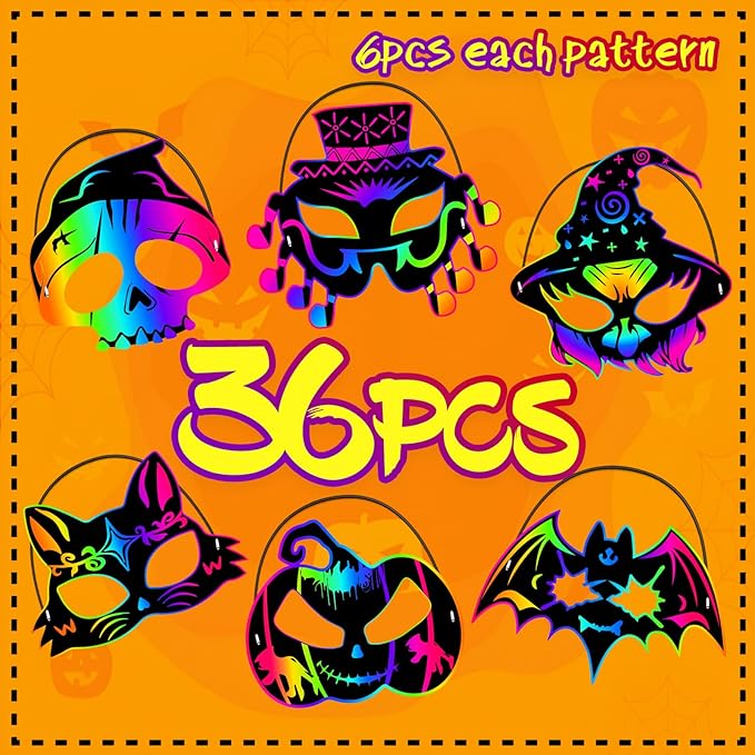 JMUQ Halloween Scratch Mask Games for Kids, 72Pcs Halloween Scratch Art Craft Kit Rainbow Scratch Paper Art for Halloween Party Favors Supplies Halloween Classroom Favors Halloween Activities