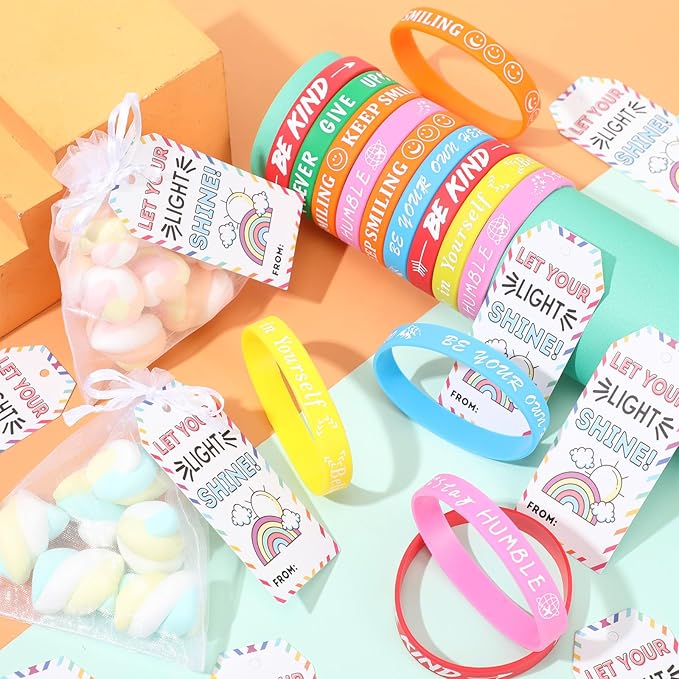 Liliful 72 Pcs Motivational Wristbands Gifts Set for Students, Back to School Gifts Colored Inspirational Silicone Bracelets with Inspirational Cards Organza Bags Classroom Goodie Bag Fillers