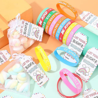 Liliful 72 Pcs Motivational Wristbands Gifts Set for Students, Back to School Gifts Colored Inspirational Silicone Bracelets with Inspirational Cards Organza Bags Classroom Goodie Bag Fillers