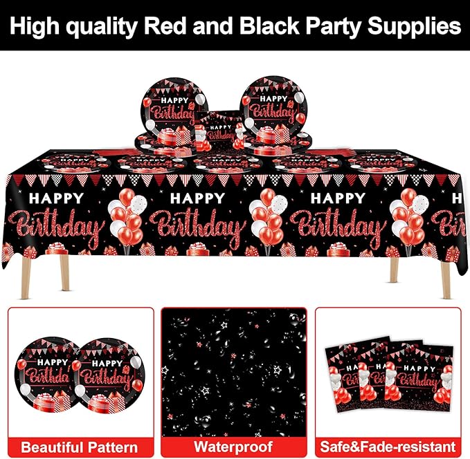 Red and Black Birthday Party Supplies Confetti Sprinkles Happy Birthday Party Tableware Includes Party Plates Napkins Fork and Red and Black Tablecloth for Birthday Parties Decorations Set Serve 20