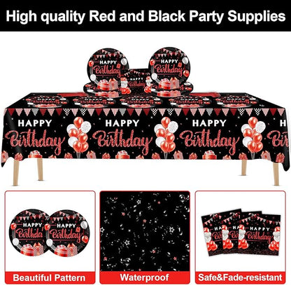 Red and Black Birthday Party Supplies Confetti Sprinkles Happy Birthday Party Tableware Includes Party Plates Napkins Fork and Red and Black Tablecloth for Birthday Parties Decorations Set Serve 20