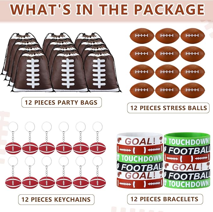 Nuogo 48 Pcs Football Party Favors Supplies Include 12 Pcs Football Goodie Bags 12 Pcs Football Bracelets 12 Pcs Football Stress Balls 12 Pcs Mini Football Keychain Birthday School Sport