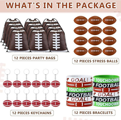 Nuogo 48 Pcs Football Party Favors Supplies Include 12 Pcs Football Goodie Bags 12 Pcs Football Bracelets 12 Pcs Football Stress Balls 12 Pcs Mini Football Keychain Birthday School Sport