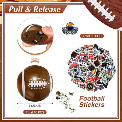 Aoriher 162 Pcs Football Party Favors, Football Party Gift Goodie Bag Fillers Foam Footballs Tattoo Stickers Keychains Stickers Charm Bracelets Sport Wristband Pull Back Cars for Party Supplies