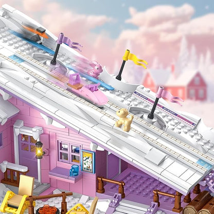 Pink Girls Ski Resort Winter Village House Building Set Compatible with Lego Friends Snow Cabin Collection, Construction Educational Toy for Kids Age 8-12 and Up 1042 PCS