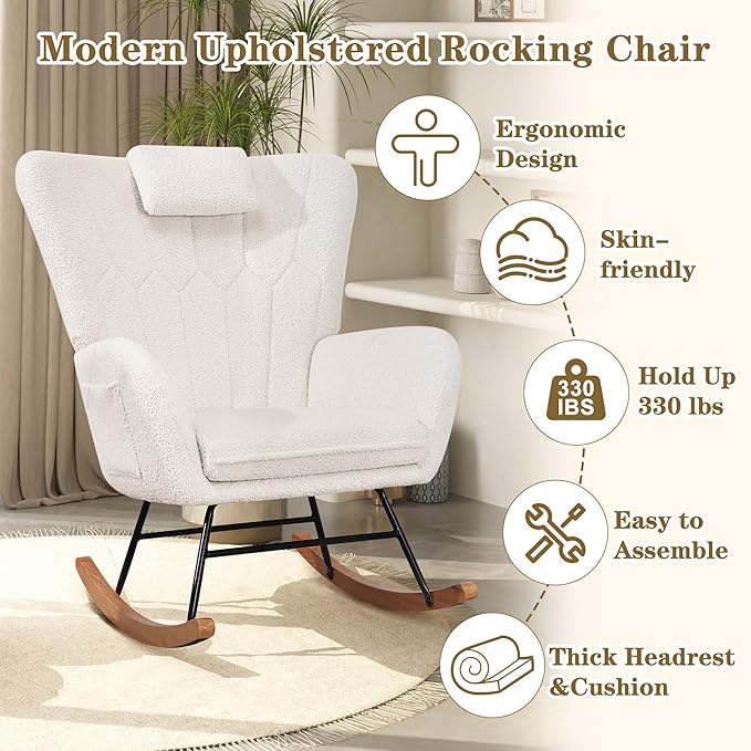 VECELO Rocking Chair Nursery with Thick Headrest, Modern Teddy Upholstered Reading Glider Rocker Accent Armchair with High Backrest, Padded Seat, Side Pocket, for LivingRoom, Bedroom, Baby Room, White
