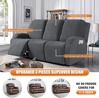 VANSOFY Recliner Covers, 3-Pieces Stretch Reclining Couch Covers with Pockets Reclining Couch Slipcovers 3 Seater Soft Washable Furniture Protector for Dogs Cats(Charcoal Gray)