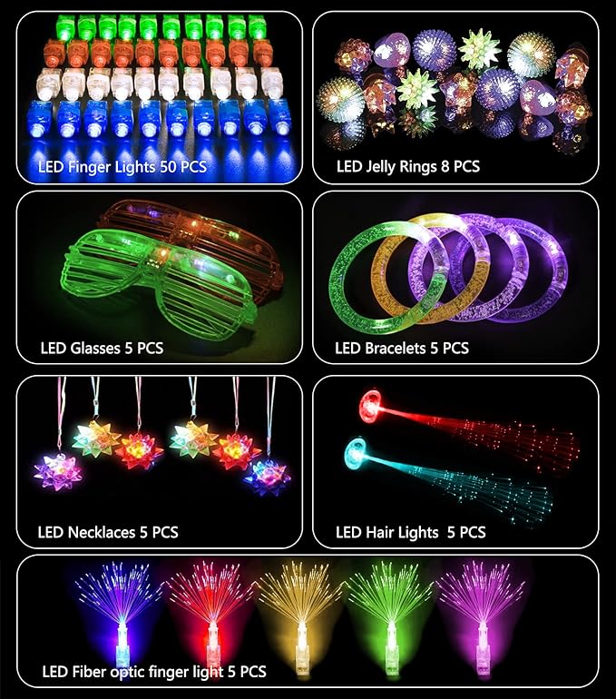 MIBOTE 83Pcs Led Light Up Toys Party Favors Glow in the Dark Party Supplies for Kid/Adults Halloween with 50 Finger Lights, 8 Jelly Rings,Flashing Glasses,Bracelets, Fiber Optic Hair Lights