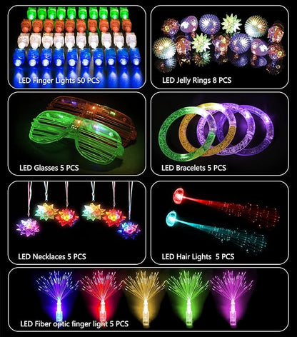 MIBOTE 83Pcs Led Light Up Toys Party Favors Glow in the Dark Party Supplies for Kid/Adults Halloween with 50 Finger Lights, 8 Jelly Rings,Flashing Glasses,Bracelets, Fiber Optic Hair Lights