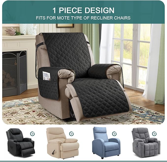 Ruaozz 100% Waterproof Recliner Chair Cover Non-Slip Reclining Cover for Recliner Chair Washable Chair Seat Cover with Elastic Straps for Kids, Dogs, Pets (Black, 23'')