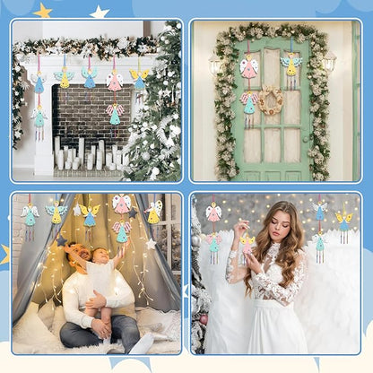 Fennoral 9 Pack Angel Wind Chime Kits for Kids Make You Own Angel Wind Chimes DIY Wooden Crafts to Paint for Art Activities Christmas Tree Hanging Ornaments Christmas Decoration