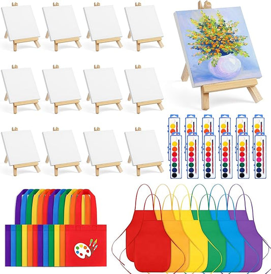 Aodaer 48 Pieces Valentine's Day Gift Mini Watercolor Paint Set Include 12 Set Colors Watercolor Paints Strip Palette Wooden Canvas Easels Canvas Tote Bags Aprons for Art Beginner Painting Supplies