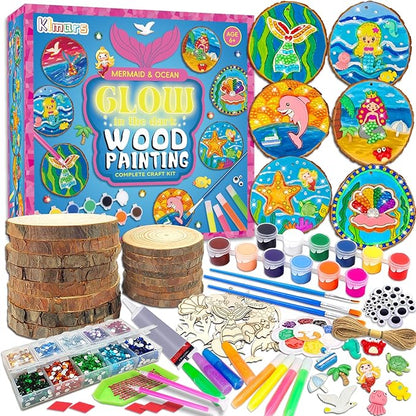 klmars Mermaid Themed Wooden Painting Kit-Glow in The Dark-Arts & Crafts Gifts for Kids Girls Ages 6-12-Wood Slice Craft Activities Kits -Mermaid Art Toys for Kids Christmas Gifts