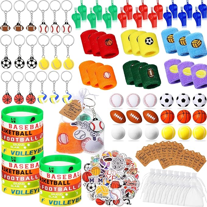 Junkin 176 Pcs Sport Party Favors Sport Party Goodie Bag Fillers Small Sports Balls Sport Wristband Keychains Stickers Bracelet Whistle for Sports Themed Birthday Party Supplies Decoration (Classic)