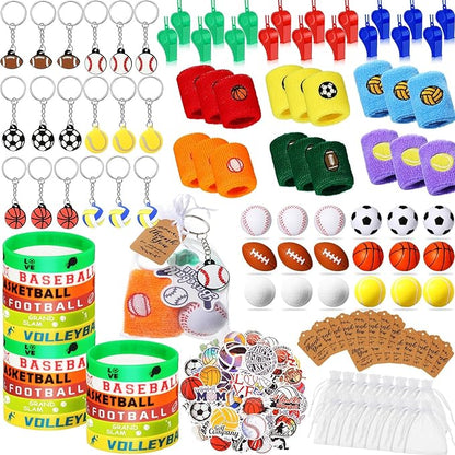 Junkin 176 Pcs Sport Party Favors Sport Party Goodie Bag Fillers Small Sports Balls Sport Wristband Keychains Stickers Bracelet Whistle for Sports Themed Birthday Party Supplies Decoration (Classic)