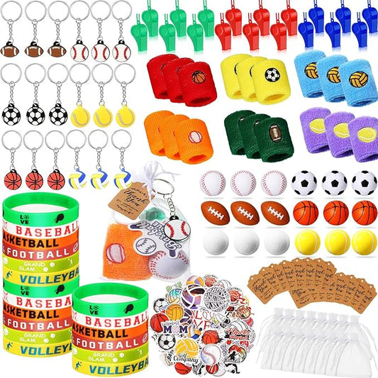Junkin 176 Pcs Sport Party Favors Sport Party Goodie Bag Fillers Small Sports Balls Sport Wristband Keychains Stickers Bracelet Whistle for Sports Themed Birthday Party Supplies Decoration (Classic)